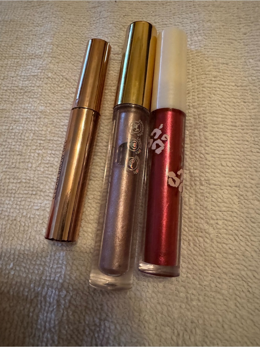 Metallic Red Liquid Lip Gloss & Champagne Shimmer Eye Gloss Duo, brow gel
